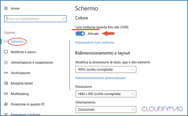 Luce notturna, filtro per la luce blu su Windows 10