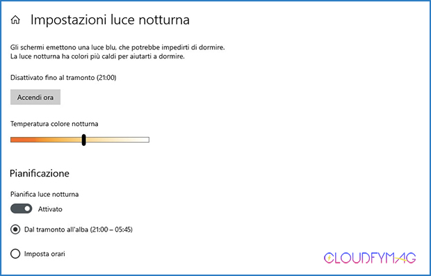 Luce notturna, filtro per la luce blu su Windows 10